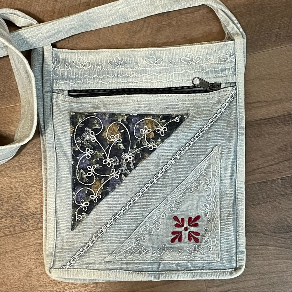 Boho Blue-Gray Embroidered Cotton Crossbody NWOT